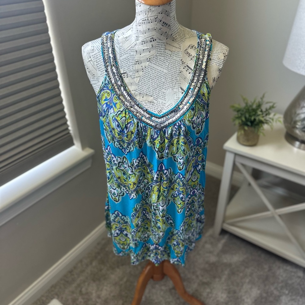 INC International Concepts Blue and White Graphic Tank Top